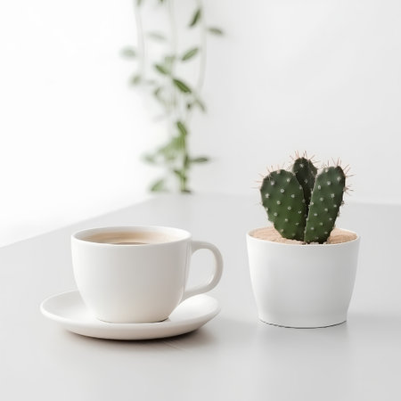 Coffee cup and cactus on white table, stock photoの素材