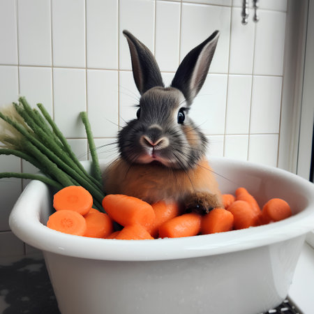 Rabbit in a bathtub with carrots, close-up.の素材