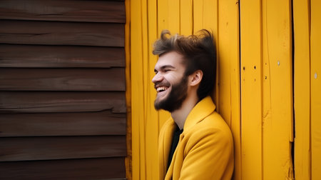 Portrait of a handsome young man in a yellow coat against a wooden wallの素材