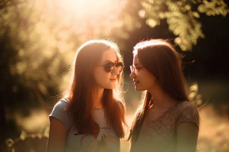 Portrait of two young women in sunglasses on a sunny summer dayの素材
