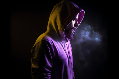 Man in hoodie smoking electronic cigarette on dark background with smoke.の素材