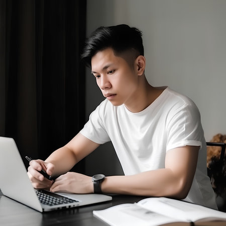Young asian man working with laptop computer at home. Work from home concept.の素材