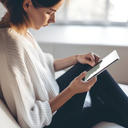 Young beautiful woman sitting on sofa at home, using tablet computer.の素材