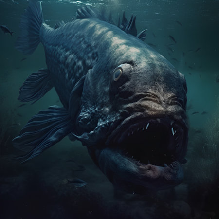 Big grouper in deep blue ocean. Underwater scene. 3d renderの素材