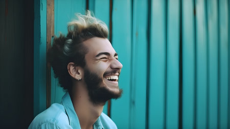 Portrait of a handsome young man smiling against a green wall.の素材