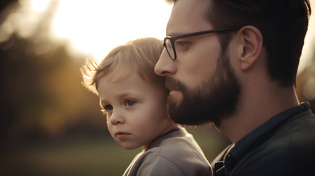 Portrait of a father and son in the park at sunset.の素材