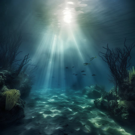 Underwater scene with sunbeams shining through the water surface.の素材