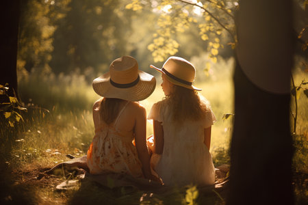 Two beautiful girls in hats sitting on the grass in the forest.の素材