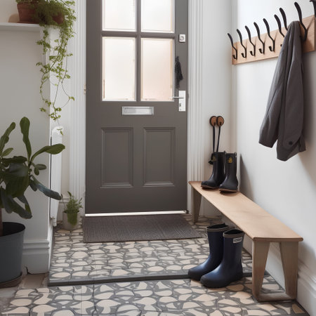 Interior design of a modern hallway with a wooden door and a benchの素材