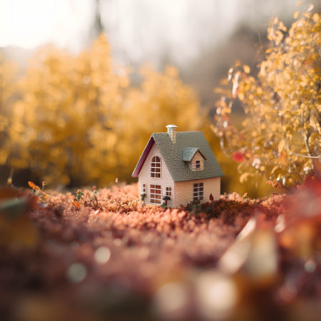 Miniature house in autumn forest. Real estate concept. Selective focus.の素材