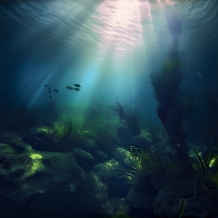 Underwater scene with fishes, algae and sunbeams  Illustrationの素材