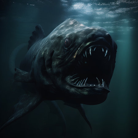 Big black shark in deep blue ocean. 3D render. Underwater.の素材
