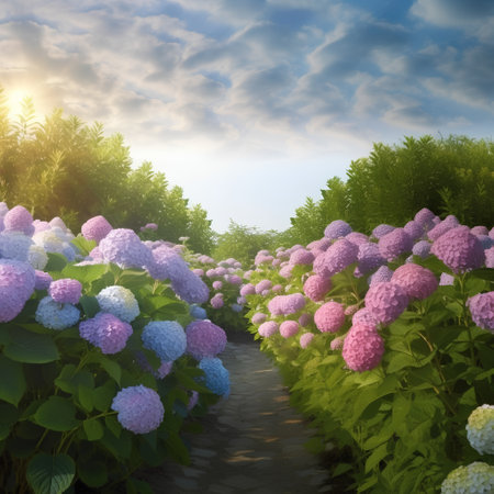 Hydrangea flower garden at sunset in spring time. Nature backgroundの素材