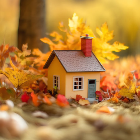 Miniature house on autumn leaves background, shallow depth of field.の素材