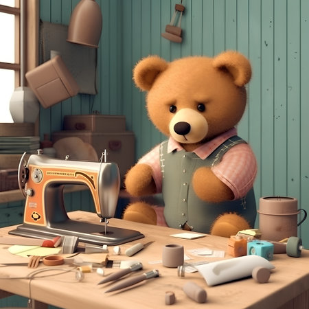 Teddy bear with sewing machine on table in sewing workshop. 3d renderの素材