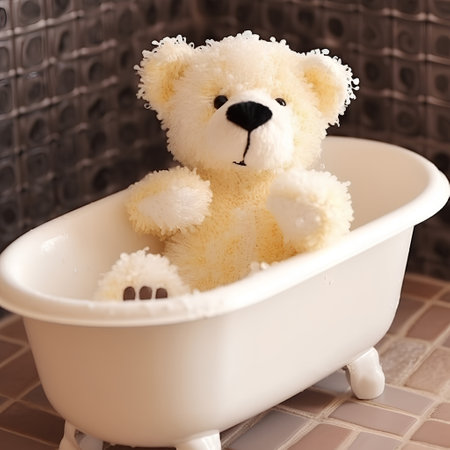 Teddy bear in a bathtub, close-up, verticalの素材
