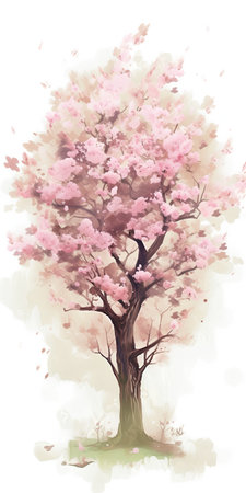 Beautiful pink cherry blossom tree. Watercolor hand drawn illustrationの素材