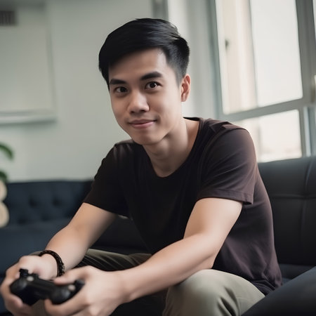 Young asian man playing video games at home sitting on sofa.の素材