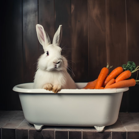 Rabbit in a bathtub with carrots on a wooden background.の素材