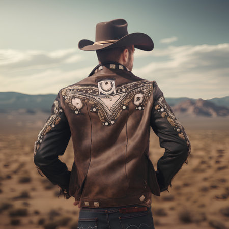 Cowboy in cowboy hat and leather jacket on a desert background.の素材