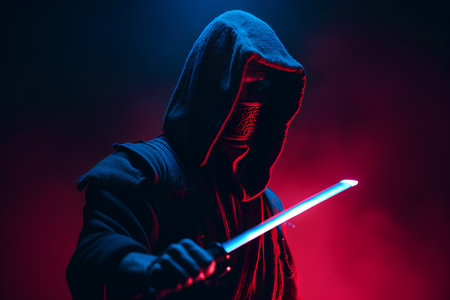 A man in a black hoodie with a sword in his hand in the darkの素材
