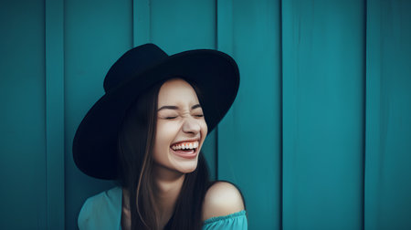 Portrait of a smiling young woman in hat on a wooden backgroundの素材