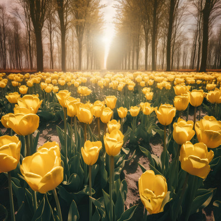 Tulip field in the morning. Beautiful landscape with yellow tulipsの素材