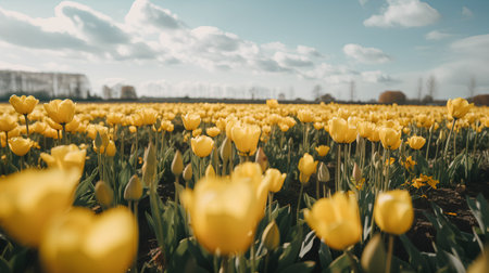 Beautiful yellow tulips blooming in the field. Spring landscape.の素材