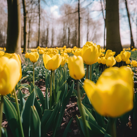 Yellow tulips in the park. Beautiful spring landscape. Selective focus.の素材