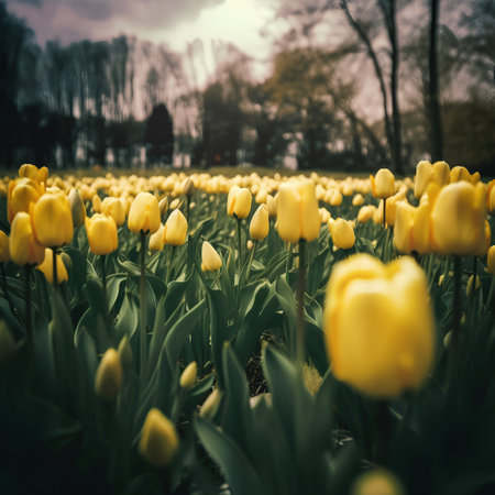Yellow tulips in the park. Spring background. Toned.の素材