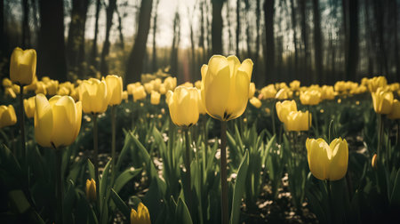 Yellow tulips blooming in the park, vintage toned.の素材