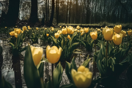 Yellow tulips in the park. Spring landscape. Vintage style.の素材
