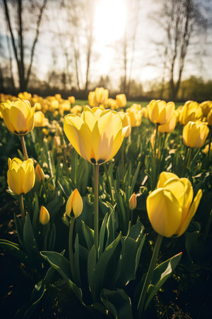 Yellow tulips in the park at sunset. Beautiful spring landscape.の素材