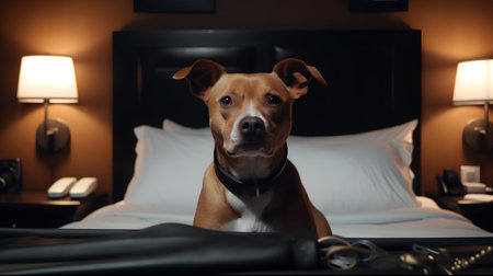 American staffordshire terrier lying on a bed at night.の素材