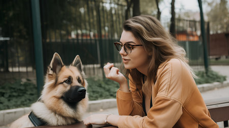 attractive young woman in eyeglasses sitting on bench with dogの素材