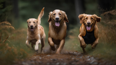 Two Nova Scotia Duck Tolling Retriever dogs running in the forestの素材