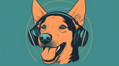 Portrait of German shepherd dog with headphones. Vector illustration in retro style.の素材