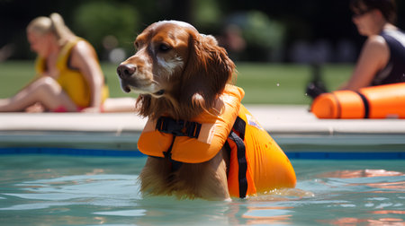 Cute Irish Setter swimming in a pool wearing a life jacketの素材