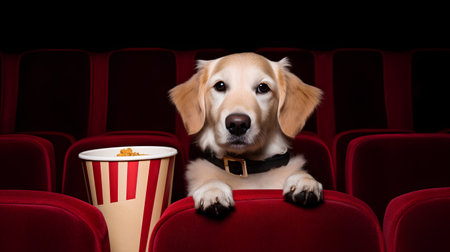 cute golden retriever dog watching movie and eating popcorn in cinemaの素材