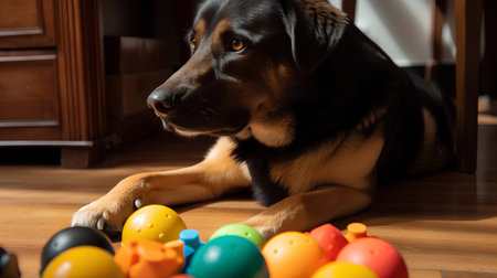 Portrait of a dog playing with colorful easter eggs at homeの素材