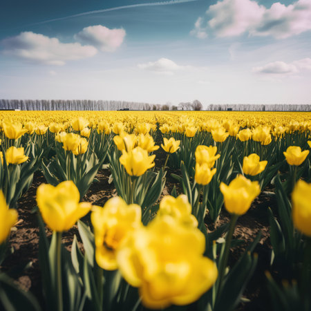 Field of yellow tulips in the Netherlands. Spring landscape. Toned.の素材