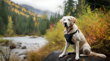 Labrador retriever sitting on a rock in the autumn forest.の素材
