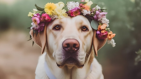 Labrador Retriever in a wreath of flowers on the headの素材