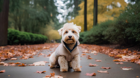 Cute little dog sitting in the autumn park and looking at the cameraの素材