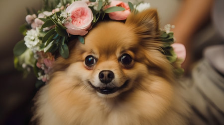Pomeranian dog with a floral wreath on his head.の素材