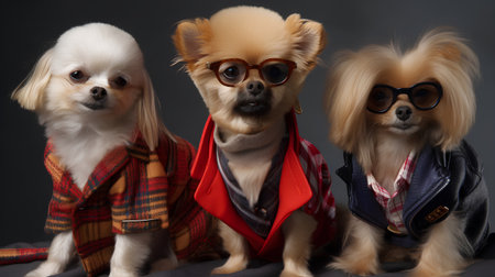 Three chihuahua dogs in a red jacket and glasses.の素材