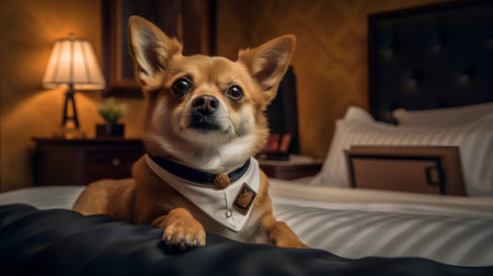 Chihuahua dog in a bow tie on the bed.の素材