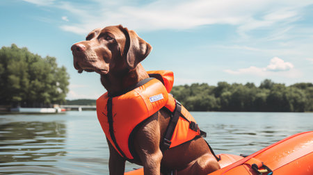 A beautiful brown-haired dog in a life jacket floats on a lake.の素材