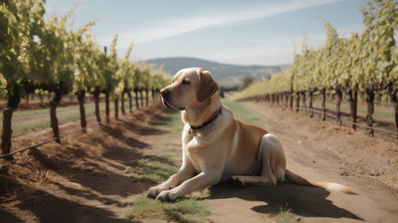 Labrador retriever dog sitting in vineyard. Selective focus.の素材