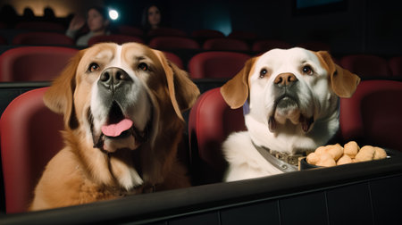 Two golden retriever dogs sitting in cinema and looking at camera.の素材